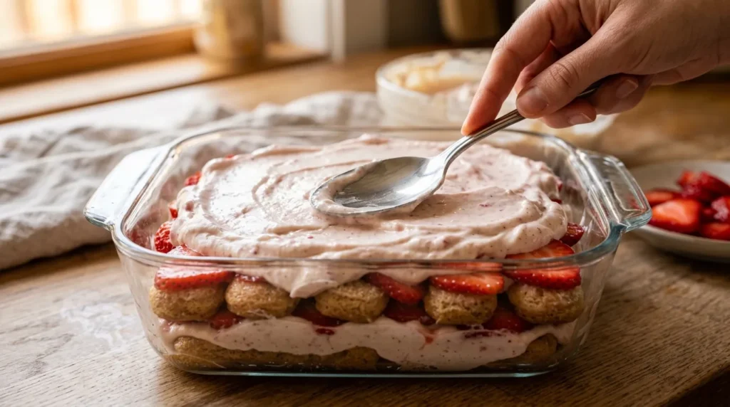 Układanie warstw truskawkowego tiramisu w szklanym naczyniu