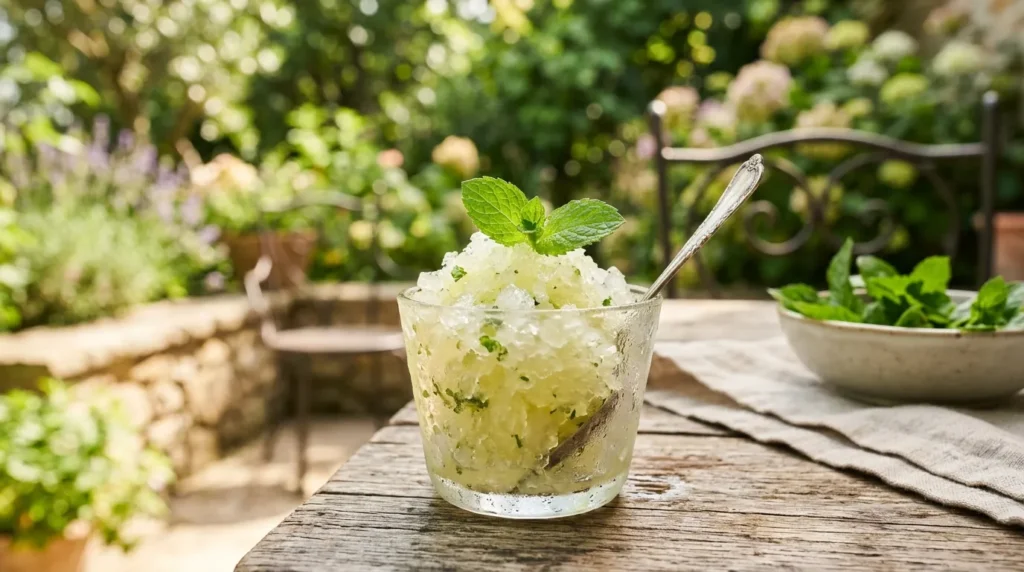 Granita cytrynowo-miętowa podana w szklanym pucharku z listkiem mięty
