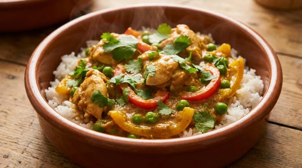 Miska kurczaka curry z ryżem i warzywami na obiad