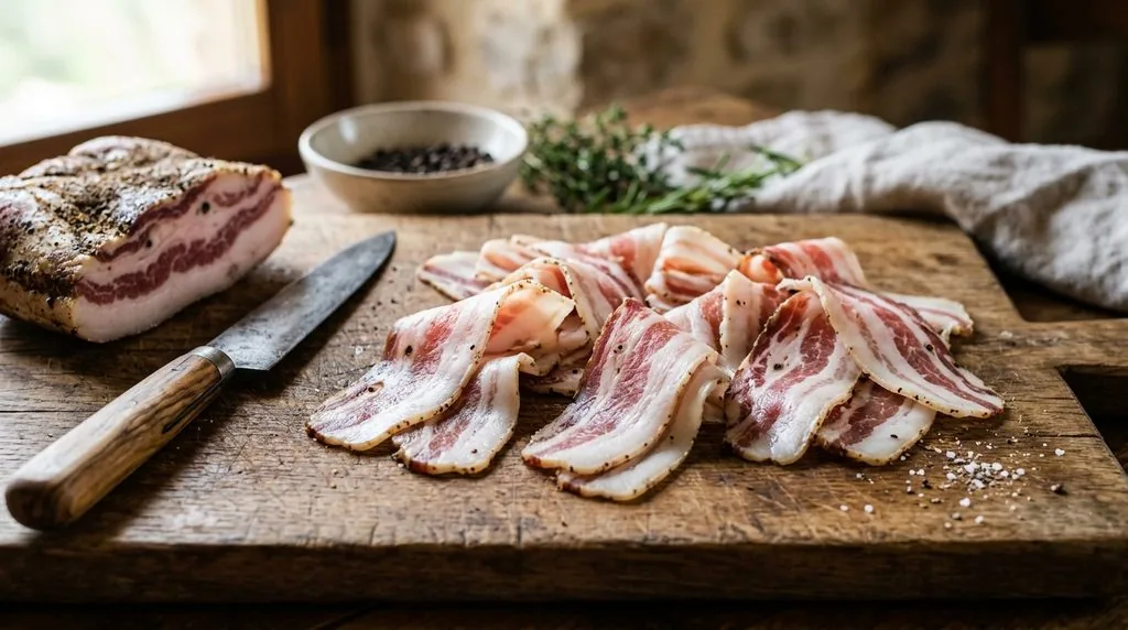 Pokrojone w paski surowe guanciale na desce do krojenia, główny składnik carbonary