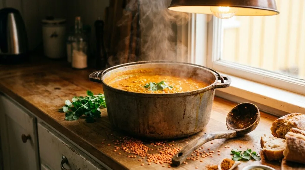 Gęsta zupa curry z soczewicą w żeliwnym garnku.