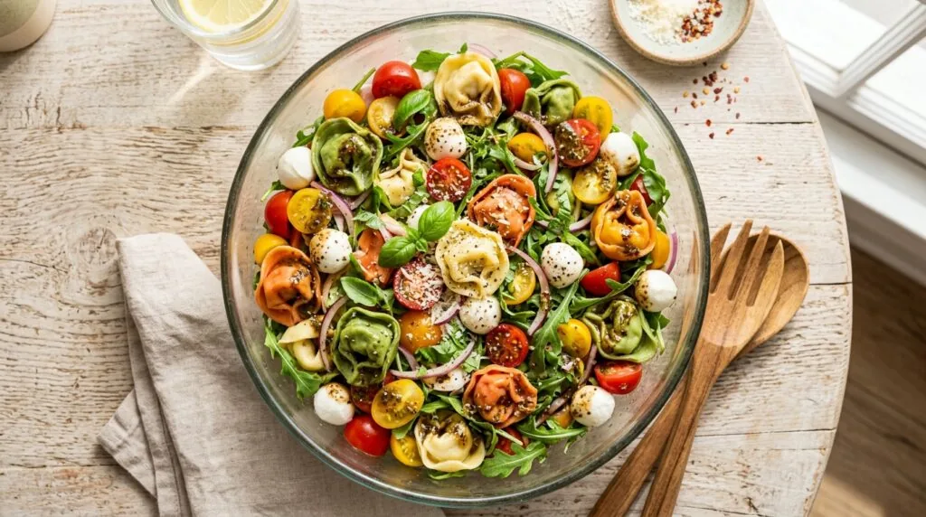  Sałatka z tortellini, mozzarellą i pomidorkami koktajlowymi w szklanej misie