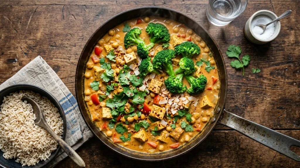 Curry z tofu i ciecierzycą w garnku, wegetariańskie danie jednogarnkowe