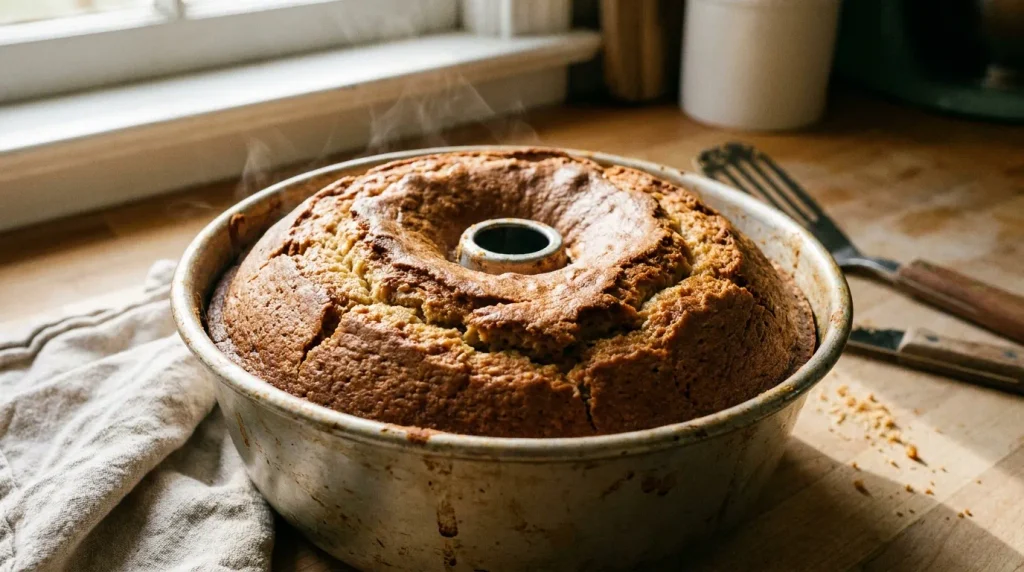 Upieczona babka piaskowa z widocznym pęknięciem na powierzchni ciasta