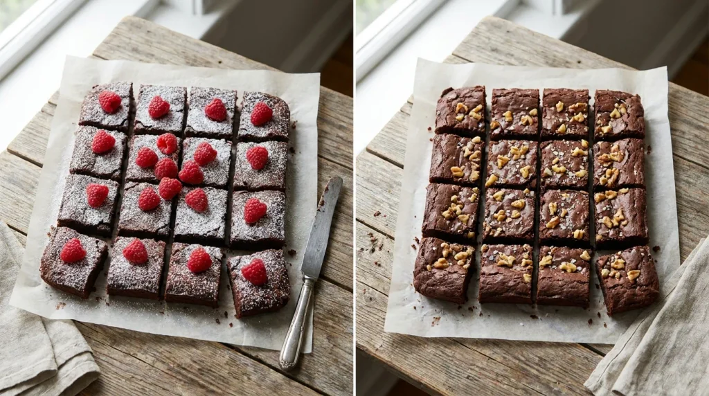 Dwie odmiany brownie – z malinami i z orzechami – ułożone na drewnianym stole