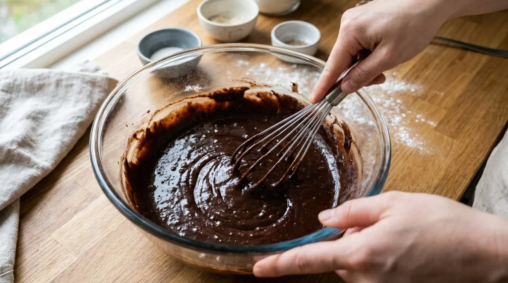 Mieszanie gładkiego ciasta czekoladowego na brownie w szklanej misce