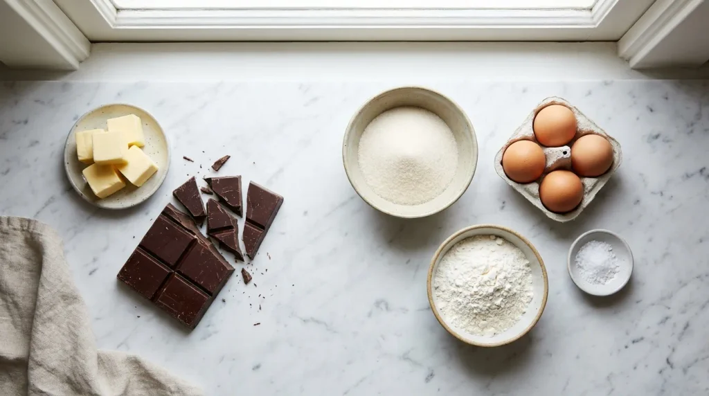 Składniki potrzebne do przygotowania brownie ułożone na blacie kuchennym