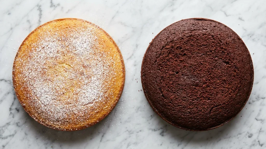 Biszkopt klasyczny i czekoladowy obok siebie na blacie kuchennym

